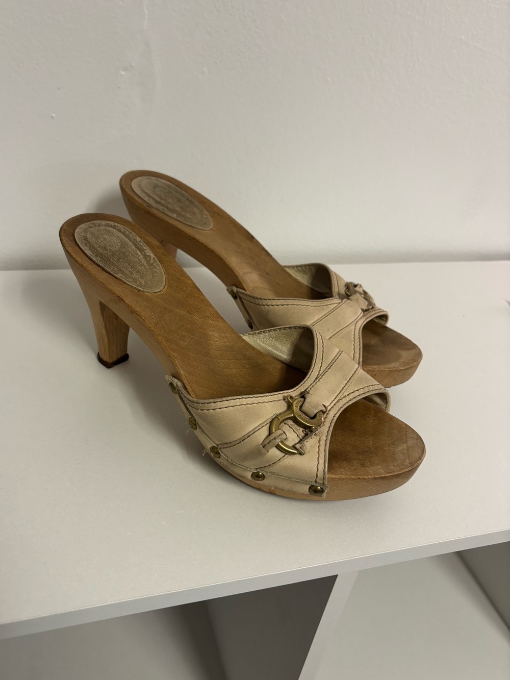 Bally Neutral Beige Leather Open-Toe Heeled Mules with Decorative Hardware